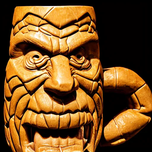 Image similar to a closeup photorealistic photograph of ben grimm's face on a tiki mug at trader vic's beach bar. fantastic four. tiki culture. bright scene. fine detail. this 4 k hd image is trending on artstation, featured on behance, well - rendered, extra crisp, features intricate detail, epic composition and the style of unreal engine.