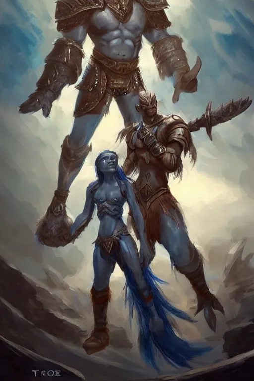 Image similar to a small blue-skinned triton girl wearing scale armor riding on a the shoulders of a large male goliath wearing fur and leather armor, dnd concept art, painting by ross tran and Tyler Jacobson