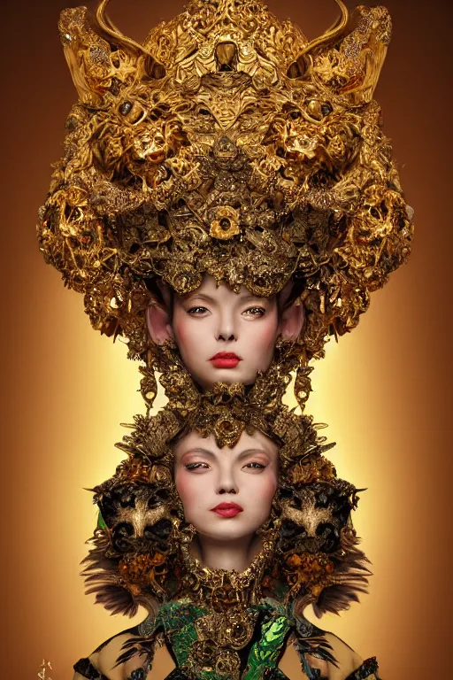 Image similar to a beautiful empress portrait, with a brilliant, impossible striking big Cat headpiece, clothes made of cats, everything cats, symmetrical, dramatic studio lighting, rococo, baroque, greens, asian, hyperrealism, closeup, D&D, fantasy, intricate, elegant, highly detailed, digital painting, artstation, octane render, 8k, concept art, matte, sharp focus, illustration, art by Artgerm and Greg Rutkowski and Alphonse Mucha