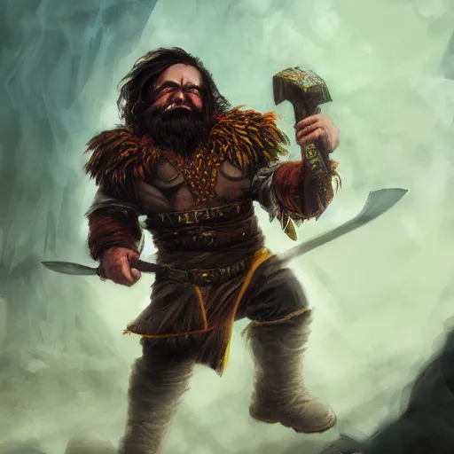 Image similar to a fantasy comic book style portrait painting of a dwarf berserker swinging axes, fighting monsters, octane render, hyperreal, 8 k