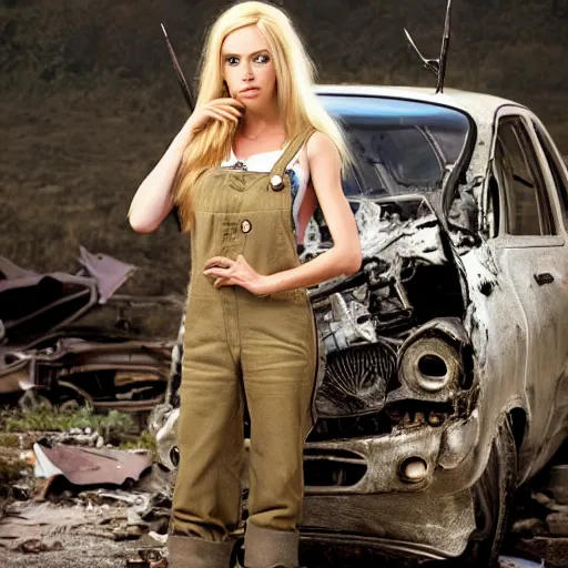 Image similar to a skinny female high-fantasy elf with a long face narrow chin and short spiky blonde hair wearing dark brown overalls and holding a bomb next to a destroyed car, gel spiked blond hair, small ears, narrow lips, high resolution film still, HDR color