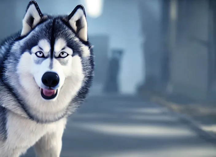 Prompt: film still of an anthropomorphic husky in a white vest in the new sci - fi movie, 8 k