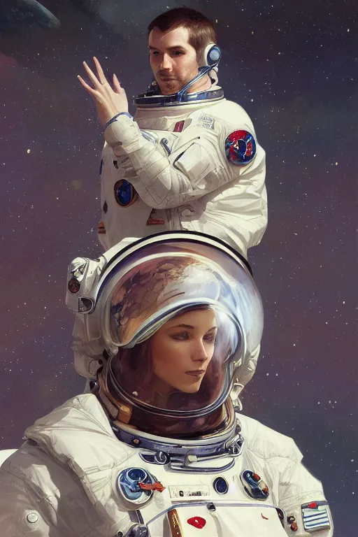 Image similar to A full portrait of a cosmonaut, intricate, elegant, highly detailed, digital painting, artstation, concept art, smooth, sharp focus, illustration, art by Krenz Cushart and Artem Demura and alphonse mucha