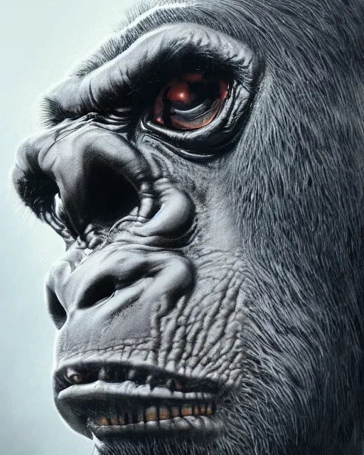 Image similar to A gorilla-woves, terrifying face, highly detailed face, close-up, fantasy art, monster art, in the style of greg rutkowski, illustration, epic, fantasy, intricate, hyper detailed, artstation, concept art, smooth, sharp focus, ray tracing
