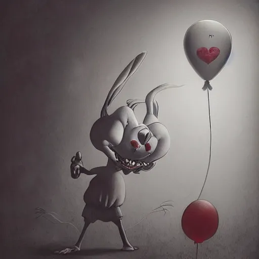 Prompt: scribble of bugs bunny with a wide smile and a red balloon by Zdzisław Beksiński, loony toons style, pennywise style, corpse bride style, creepy lighting, horror theme, detailed, elegant, intricate, conceptual, volumetric light