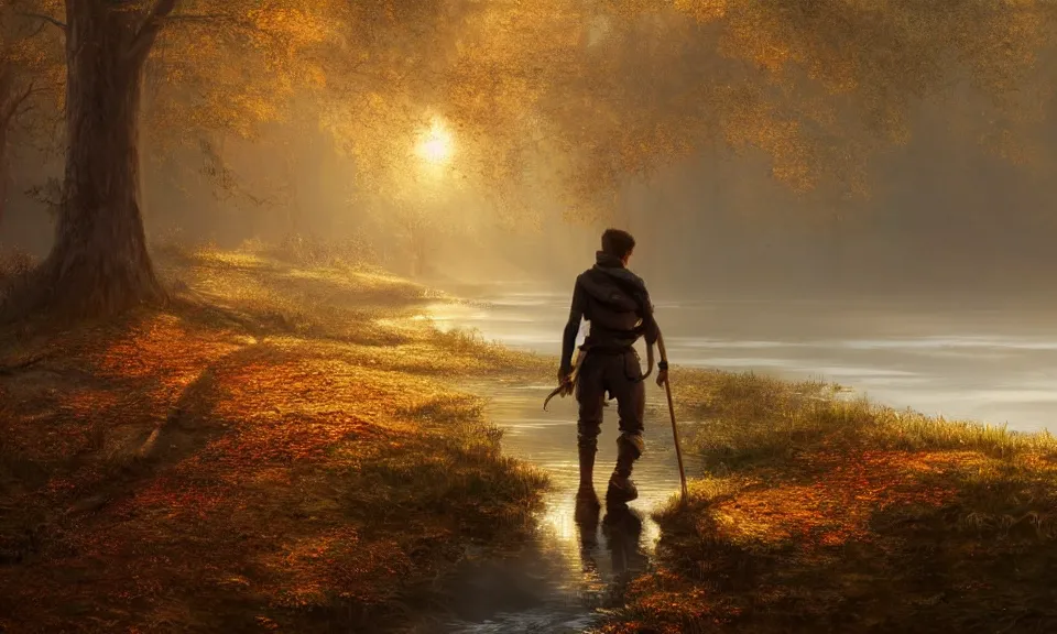 Prompt: Highly detailed 4K fantasy matte painting of an adventurer walking along the river bank in a forest during the golden hour in autumn, volumetric sun rays and dust, water reflection, in the style of Andreas Rocha and Greg Rutkowski