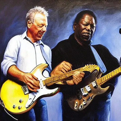 Image similar to “David Gilmour, Eric Clapton, Mark Knopfler and BB King playing guitar together, oil painting, 4k”