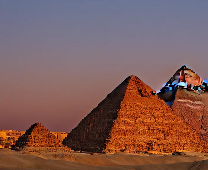 Prompt: 4 k hd, high detail photograph of egyptian pyramids at sunset, shot with sigma f / 4. 2, 2 5 0 mm sharp lens, wide shot, consistent, volumetric lighting, high level texture render