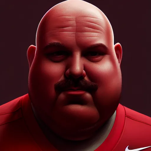 Image similar to bald red man fat man wearing nike tracksuit, very detailed, , dramatic, intricate, elegant, highly detailed, digital painting, artstation, concept art, smooth, sharp focus, illustration, art by Gustave Dore, octane render