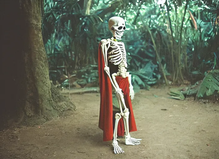 Prompt: screenshot portrait of skeleton in a jedi robe. outside the jedi temple in the jungle. Thriller directed by stanley kubrick, Photographed with Leica Summilux-M 24 mm lens, ISO 100, f/8, Portra 400