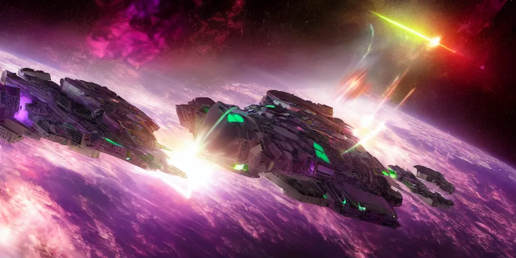 Prompt: A hi-tech capital spaceship preparing its laser weapons in space, purple space nebula, white stars in the background, dreadnought, warhammer 40K, realistic 4k octane beautifully detailed render, 4k post-processing, highly detailed, intricate complexity, epic composition, magical atmosphere, cinematic lighting, masterpiece, ultra hd