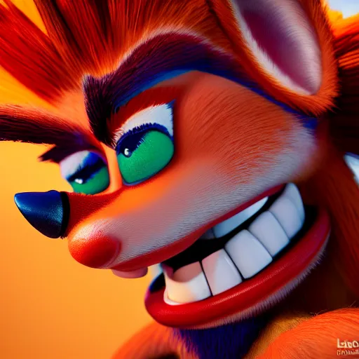 Image similar to photograph portrait of Crash Bandicoot, intricate detail, sigma 85mm f/1.4, 4k, depth of field, high resolution, 4k, 8k, hd