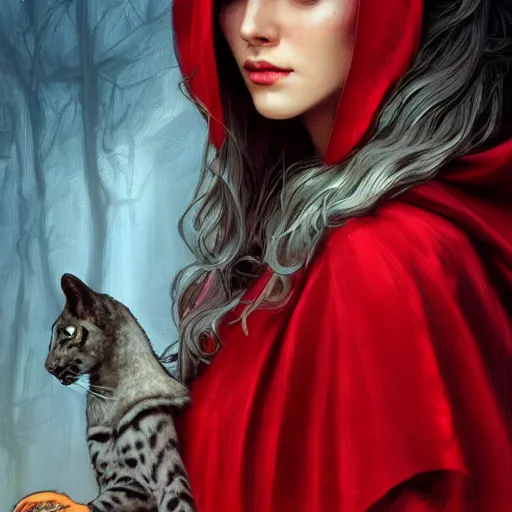 Prompt: Beautiful face Portrait of Little Red Riding Hood with a silver panther, dramatic lighting, intricate, wild, highly detailed, digital painting, artstation, concept art, smooth, sharp focus, illustration, art by artgerm and greg rutkowski and alphonse mucha, footage from space camera