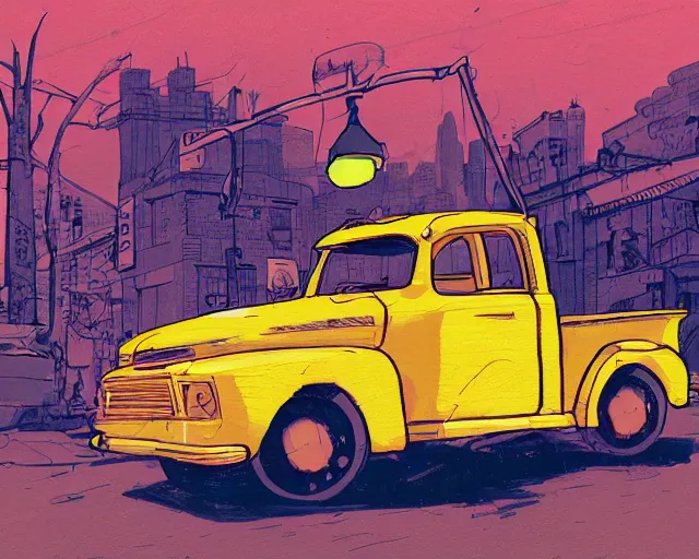 Image similar to a study of cell shaded cartoon of a yellow truck on a country road, street lamps, road, illustration, wide shot, subtle colors, post grunge, concept art by josan gonzales and wlop, by james jean, Victo ngai, David Rubín, Mike Mignola, Laurie Greasley, highly detailed, sharp focus, alien, Trending on Artstation, HQ, deviantart, art by artgem