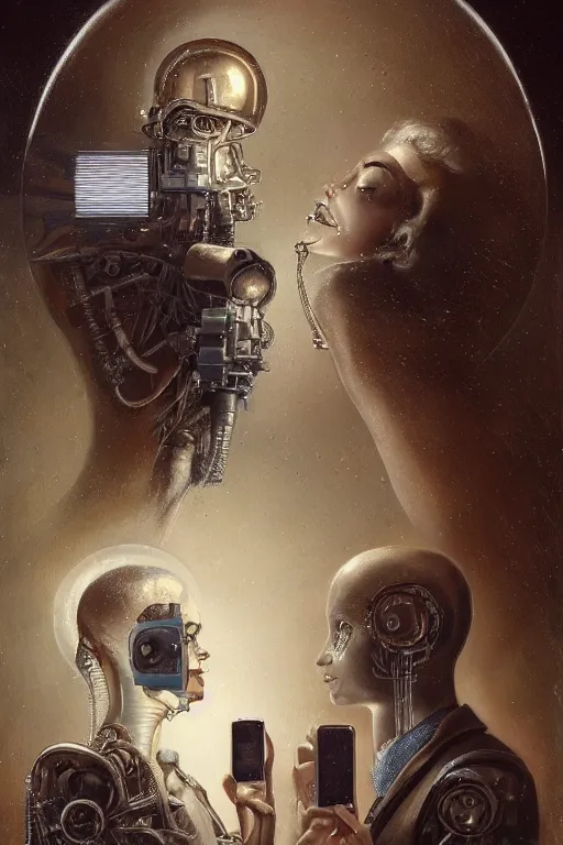 Prompt: a beautiful ultradetailed vintage photo of two cyborgs facing away from each other looking at their cellphones, by tom bagshaw and anna dittman, couples portrait, vignette, 3 5 mm lens, golden ratio composition, detailed faces, studio photography, very detailed, humanoids, industrial robots, artstation, 8 k, highly coherent