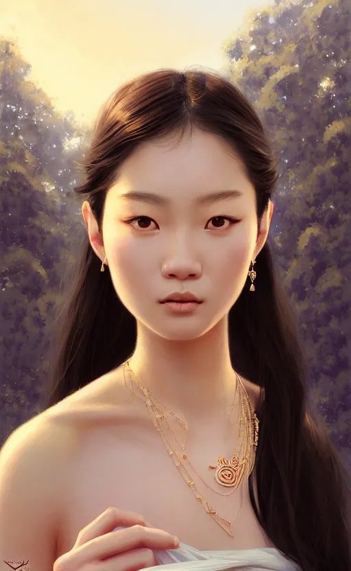 Image similar to a beautiful young charming asian goddess with sundress + jewelry + shinny eyes | | winter, symmetric, realistic shaded, unpleasant face, good looking, fine details, dior, lv, realistic shaded lighting poster by greg rutkowski, macoto takahashi, magali villeneuve, artgerm, jeremy lipkin and michael garmash