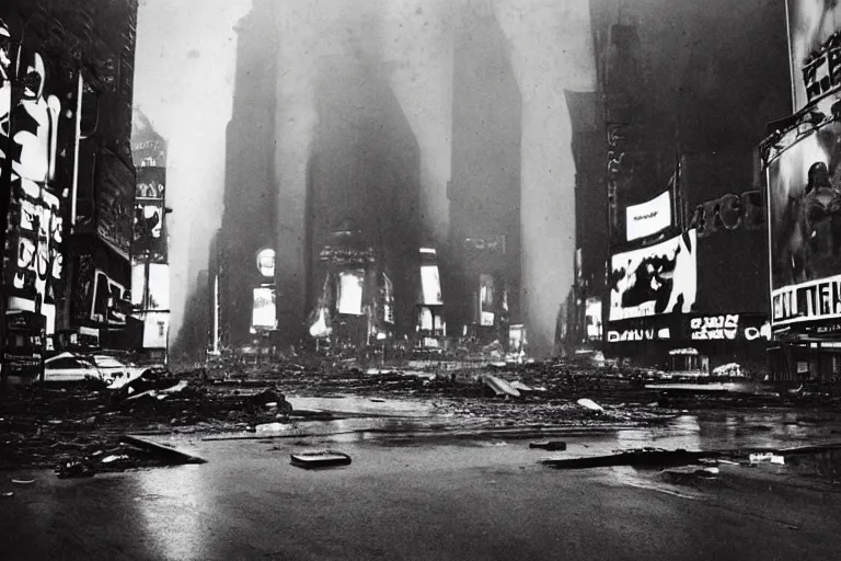 Dark Photo Of An Destroyed Times Square After A Stable Diffusion