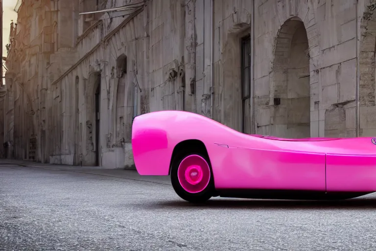 Prompt: Elegant photography of the pink panther car designed by Tesla