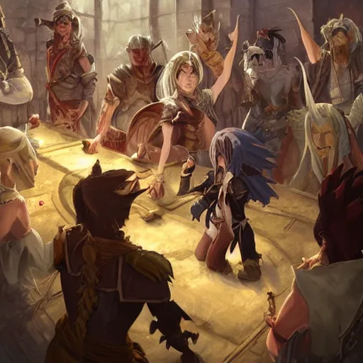 Image similar to dungeons and dragons fantasy painting, chaos and conflict, finger pointing and angry gestures, allies who long spoke in one voice now squabble over petty differences leaders in different styles of dress gesturing angrily across a council table, anime inspired by krenz cushart, evening lighting, by brian froud jessica rossier and greg rutkowski
