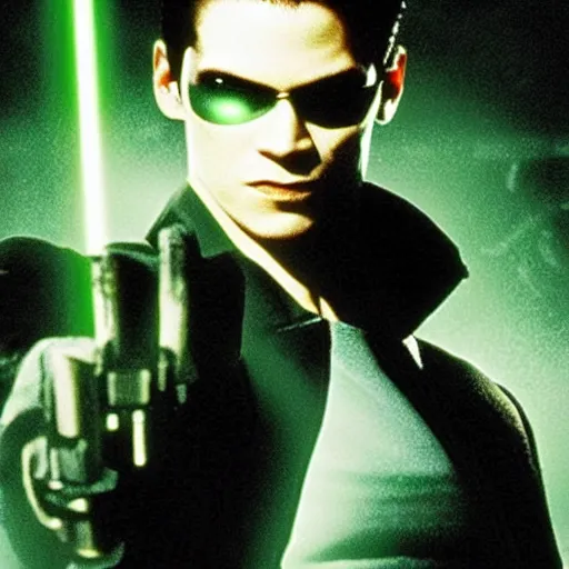 Prompt: neo from the matrix is batman, holding glowing kryptonite