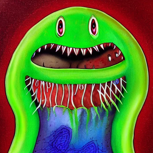 Image similar to cute venus fly trap with eyes and big teeth colorful detailed painting 4k