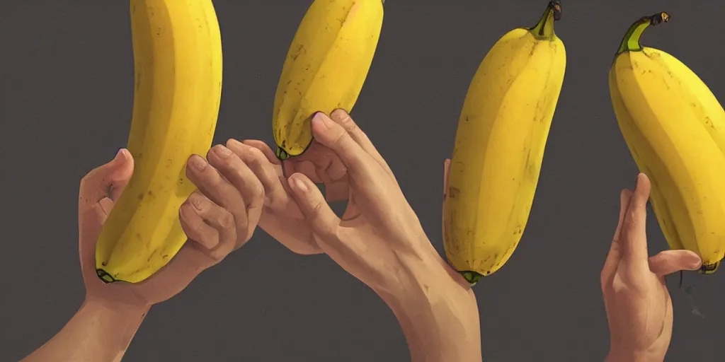 Prompt: two hands, each holding two bananas, each touching a banana on top, then touching a banana on bottom. each banana has a yellow light on top. the bananas are yellow, and there is a red light as the color of bananas, fantasy art, artstation, trending, ultra detailed, emotional