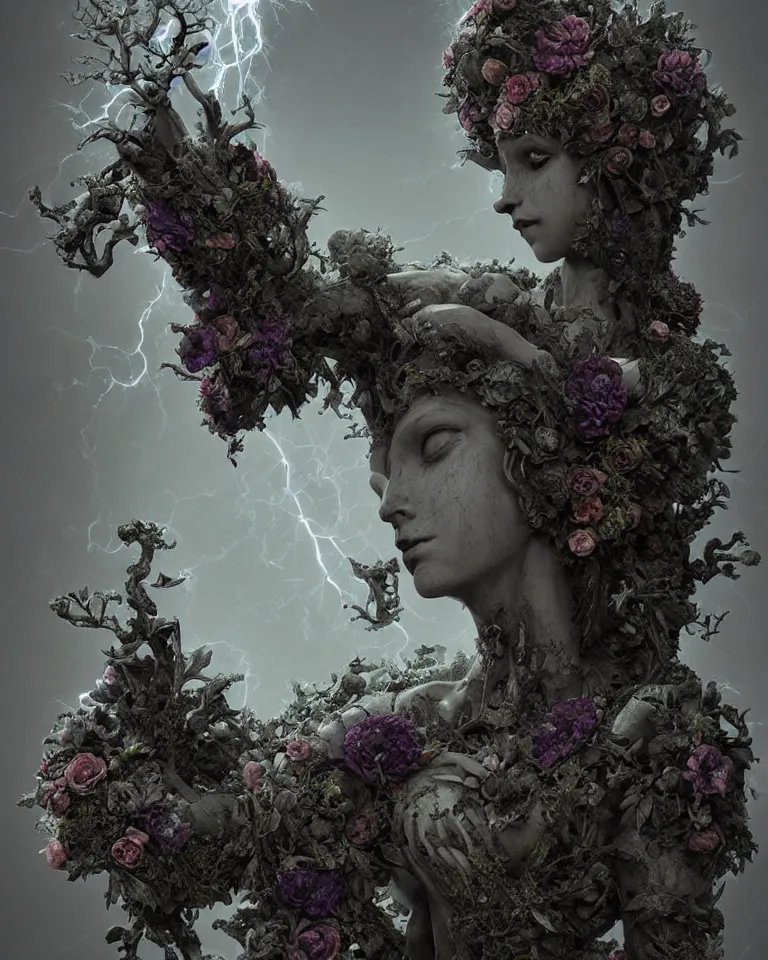 Image similar to portrait of a gothic cemetery statue made of mist and flowers, cosmic horror, mutating into mist, cinematic lightning, Andrew Ferez, Charlie Bowater, Marco Mazzoni, Seb McKinnon, Ryohei Hase, Alberto Seveso, Kim Keever, trending on cgsociety, featured on zbrush central, new sculpture, mystical