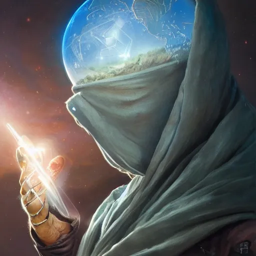 Image similar to masked nomad male wearing a cloak on an alien world and holding a holographic planet projection in his hand, detailed, sci - fi, digital painting, artstation, sharp focus, illustration, ominous, artgerm, tomasz alen kopera, peter mohrbacher, donato giancola, joseph christian leyendecker, wlop, frank frazetta