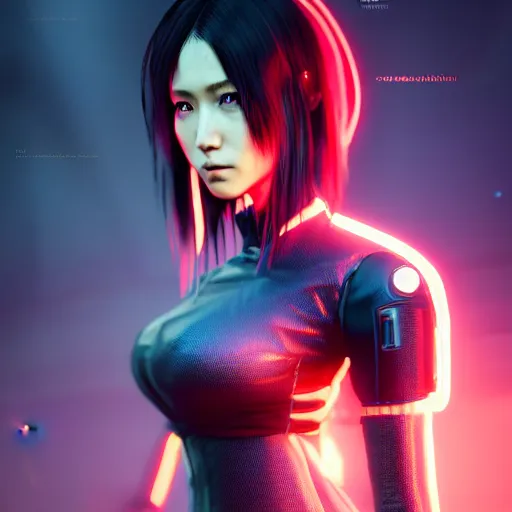 Image similar to An epic comic hyperrealistic portrait anime cg of a cyber warrrior girl wearing futuristic wardrobe, black and reddis, ultradetailed face expression trending on artstation and artbreeder, cyberpunk 2077 color, heavy rainning at tokyo street night, neon ligh, DAZ, 8k, unreal 5 engine render, cosplay, RPG portrait, final fantasy Vll world concept, dramatic lighting, rim lights, PS5 render quality