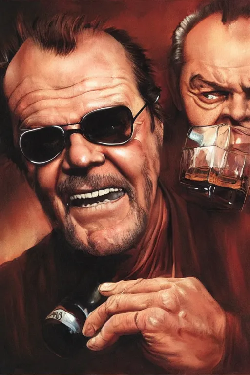 Prompt: a whiskey bottle is jack nicholson, jack nicholson is the bottle, by caravaggio and artgerm and greg rutkowski