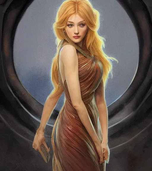 Image similar to katherine mcnamara wearing a golden dress, grey hair, red necktie, cinematic, stunning, highly detailed, digital painting, artstation, smooth, hard focus, full body shot, illustration, art by artgerm and greg rutkowski and alphonse mucha