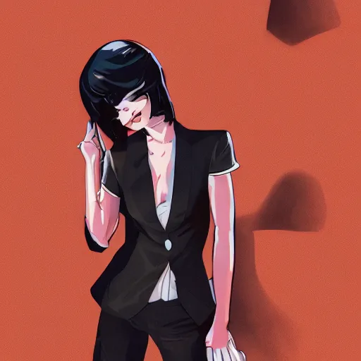 Image similar to slim cruel business girl in tuxedo with black bob hair, elegant, 2d, ultra highly detailed, digital painting, smooth, sharp focus, artstation, art by Ilya Kuvshinov