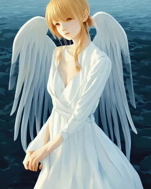 Image similar to infinitely detailed full - body portrait pale female peaceful dream angel wearing elegant clothes. beautiful! scenery art! by wlop & murata range, by ilya kuvshinov. artstation!! / pixiv!!