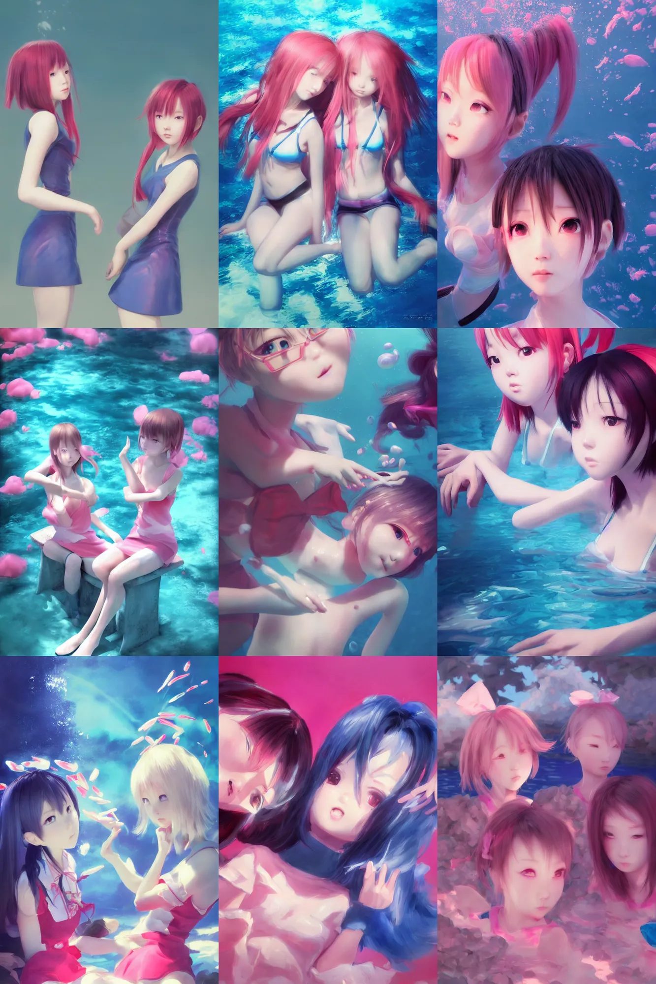 Prompt: 3d infrared octane render complex concept art by D. Jun, by Mo Xiang Tong Xiu, by Igarashi Daisuke, cute beauty minimalist portrait anime funny schoolgirls under dark pink and blue underwater pool. beautiful and cutest sad face. dramatic deep light, trending on artstation, oil painting brush