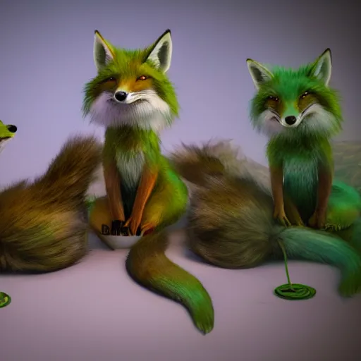 Prompt: A hyper real comic book style portait painting of a smiling green fox giving birth to three youngsters, unreal 5, hyperrealistic, octane render, cosplay, RPG portrait, dynamic lighting