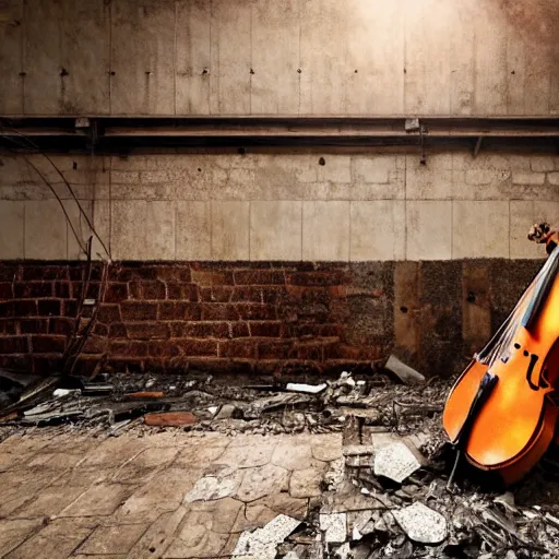 Prompt: abandoned steampunk factory with a Lonely cello, cinematic light,