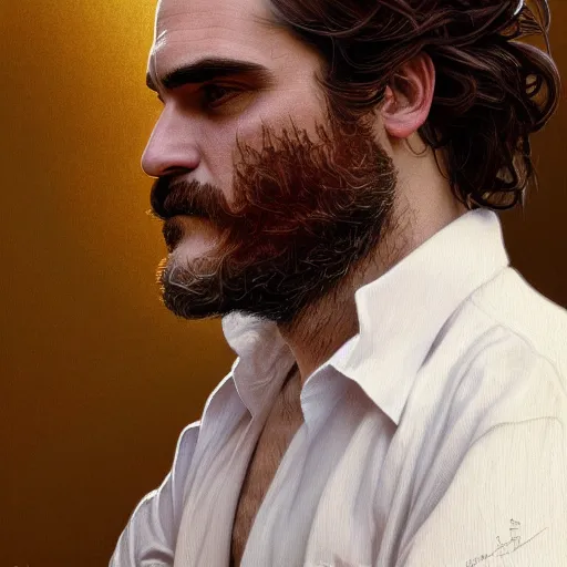 Image similar to painting of joaquin phoenix, decorated, intricate, elegant, highly detailed, digital painting, artstation, concept art, smooth, sharp focus, illustration, art by artgerm and greg rutkowski and alphonse mucha, 8 k