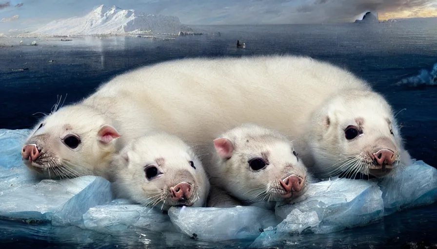 Image similar to highly detailed painting of cute furry white baby seal piglets cuddling into each other on a blue and white iceberg by william turner, by greg rutkowski, by william constable, thick brush strokes and visible paint layers, 4 k resolution