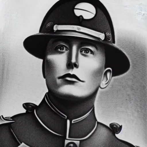 Prompt: black and white photo of Elon musk as a German soldier in ww1