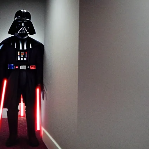 Prompt: darth vader is walking up to a chicago bungalow at night.