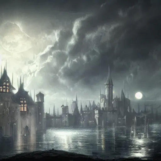 Prompt: medieval city floating above a sea in the moonlight with some puffs of clouds with a dark and gloomy theme, ultra fine detail, concept art, matte painting