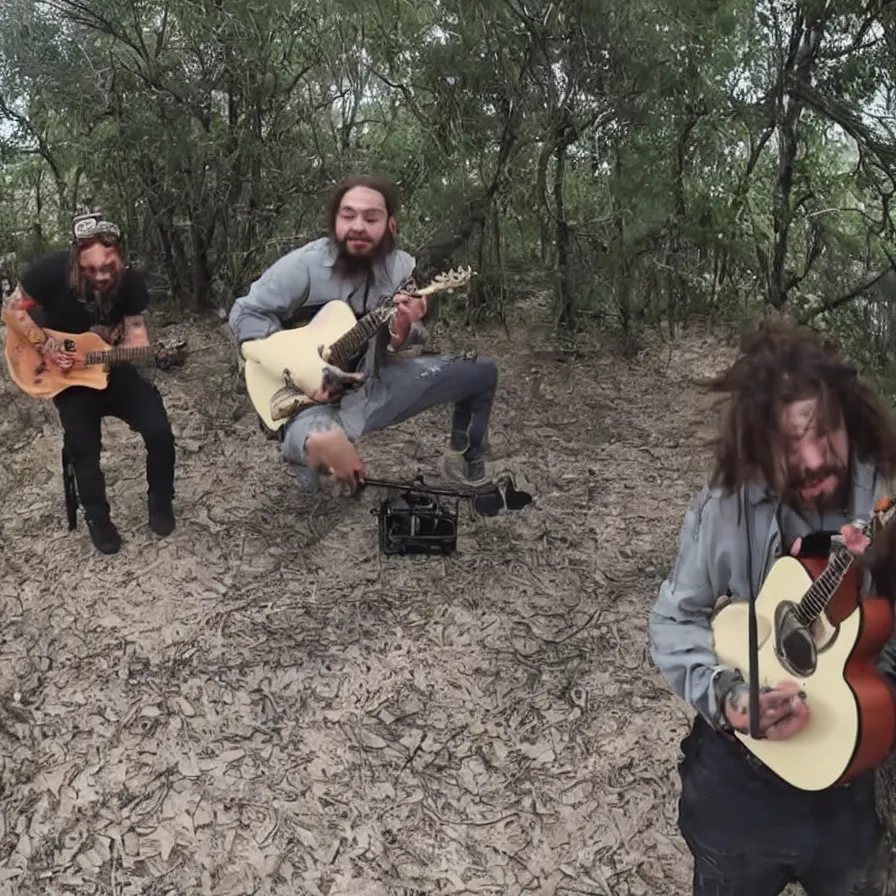 Image similar to trailcam footage of Post Malone playing a guitar on a mexican street