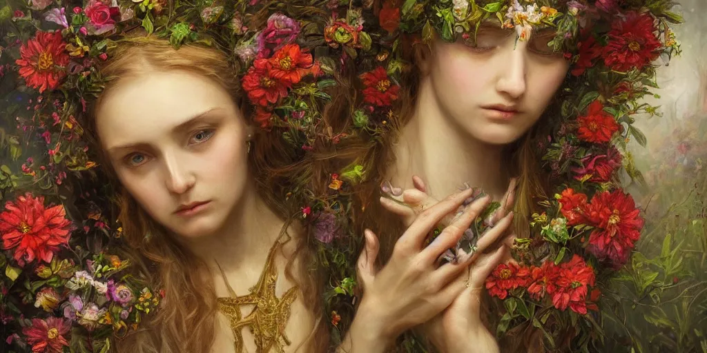 Prompt: breathtaking detailed weird concept art painting of few goddesses of flowers, orthodox saint, with anxious, piercing eyes, ornate background, amalgamation of leaves and flowers, by volegov, extremely moody lighting, 8K