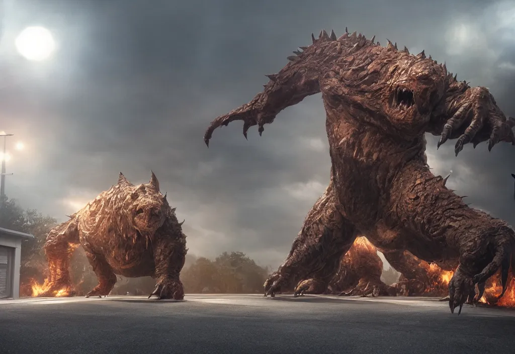 Image similar to vfx color film closeup, huge behemoth monster creature beast by aaron sims, in residential street, low - key lighting award winning photography arri alexa cinematography, hyper real photorealistic cinematic beautiful, atmospheric