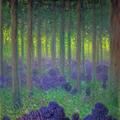 Prompt: mushroom forest, painted by monet, highly detailed, highly intricate, sense of scale, vast, mysterious, purple, smoke