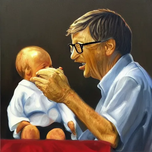 Image similar to masterful oil painting of bill gates eating babies while he talks to the devil, scary