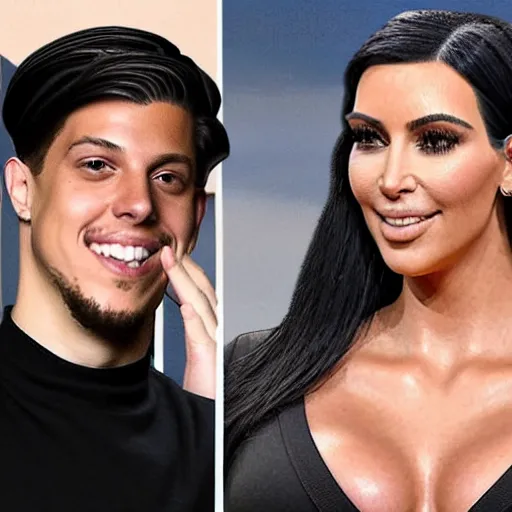 Image similar to kim kardashian and pete davidson pointing and laughing at kanye west, in the style of oil on canvas,