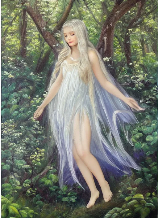 Image similar to beautiful oil painting full body portrait of fairy princess princess soft skin silver hair standing in forest, wings, diadem