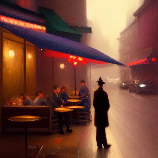 Image similar to lonely night at a cafe in manhattan, fantasy, intricate, elegant, digital painting, trending on artstation, concept art, soft focus, illustration by greg rutkowski, edward hopper, 4 k.