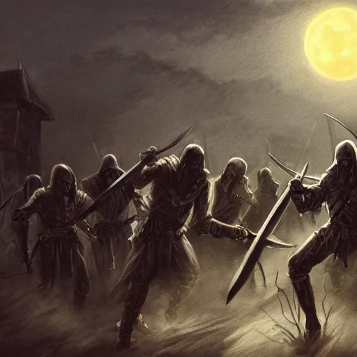 Image similar to hero holding a sword facing an army of the undead, scenic view, dark atmosphere, full moon, moonlight, dynamic lighting, pencil art